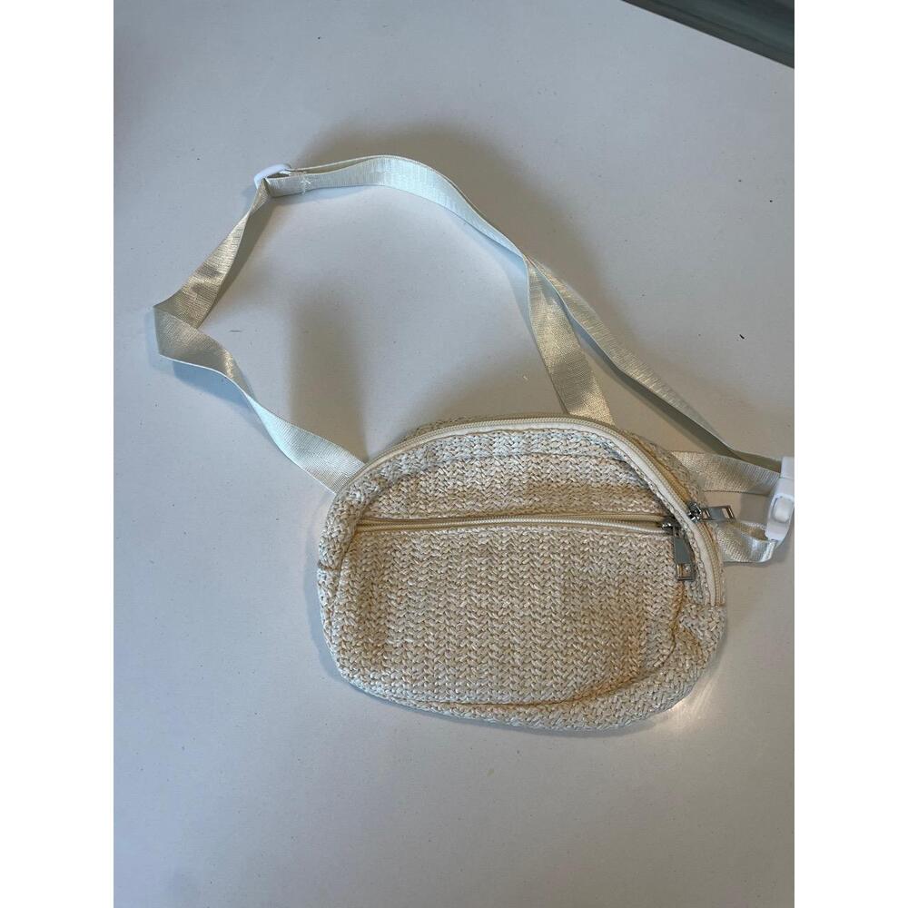 New White Tan Woven Two‎ Zippered Adjustable Strap Crossbody Belt Bag